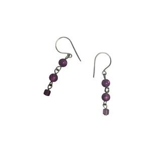 Vintage Purple Beaded Artisan Dangle Earrings - Silver Tone